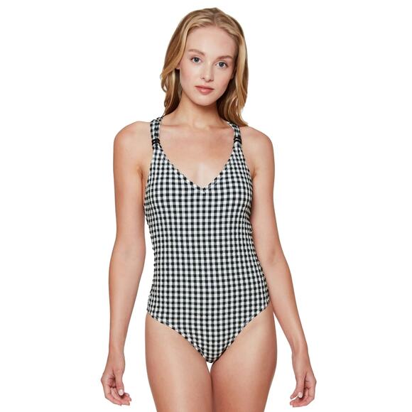 Jessica Simpson Women Standard V-Neck One-Piece Swimsuit Black/White Size S 0745 - Picture 1 of 2